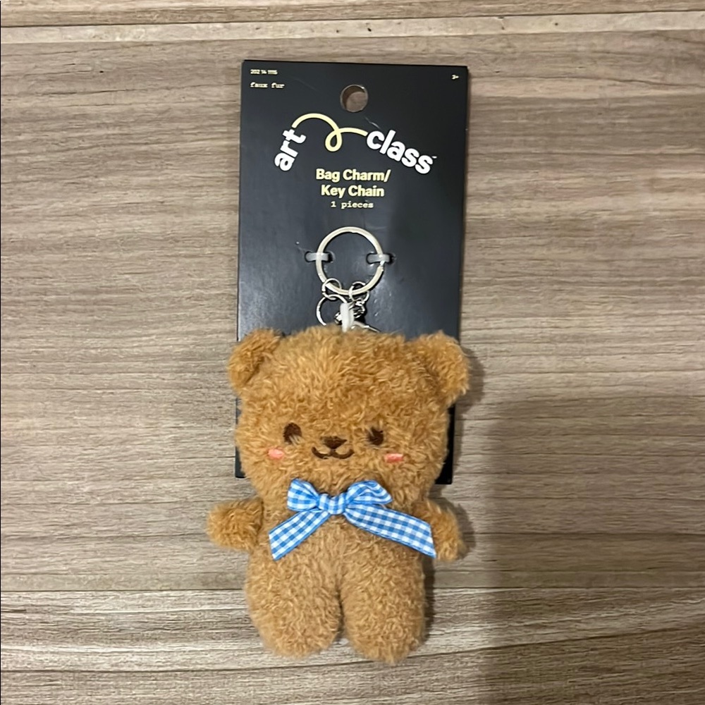 Art Class Brown Teddy Bear Keychain with Blue Bow
